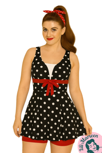 Miss Minnie – Sort Tankini med Polkaprikker og Røde Shorts