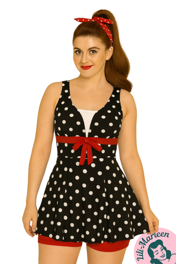 Miss Minnie – Sort Tankini med Polkaprikker og Røde Shorts