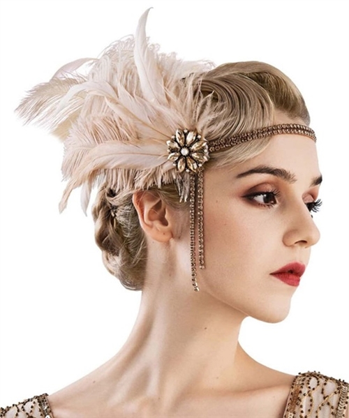 1920´er Gatsby/Charleston deluxe hårbånd med fjer og sten, ivory/creme - deluxe
