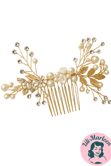 Hårkam: Smuk hårkam hvid/guld med sten, blomster og perler model 2