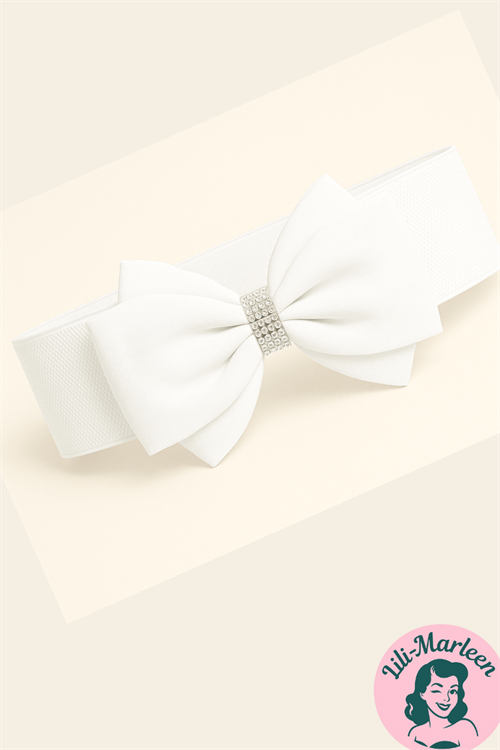 "Miss Ruby" – Hvidt Elastikbælte med Sløjfe og glitrende sten (str. M–2XL)