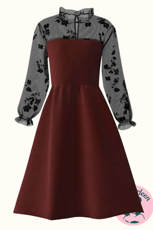 Børne swing kjole, Mini Elenor, vinrød kjole med sorte chiffonærmer