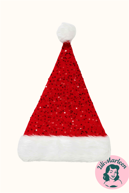 Nissehue – Ruby Glam – Glitrende julehue i rød pailletstof