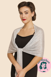 Sjal, metallisk hvidt sjal med sølv og med frynse