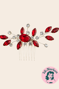 Hårkam: Smuk guld hårkam røde/sølv sten