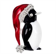 Broche - pingvin med nissehue, sølv