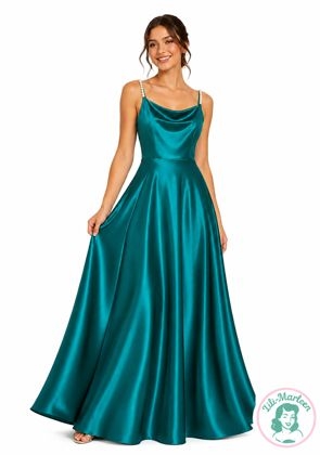 Elegant satin selskabskjole med perle detaljer - Miss Elowen -Turkis