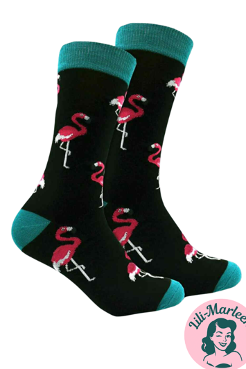 Flamingo Fun – Sorte Strømper med Pink Flamingo Print