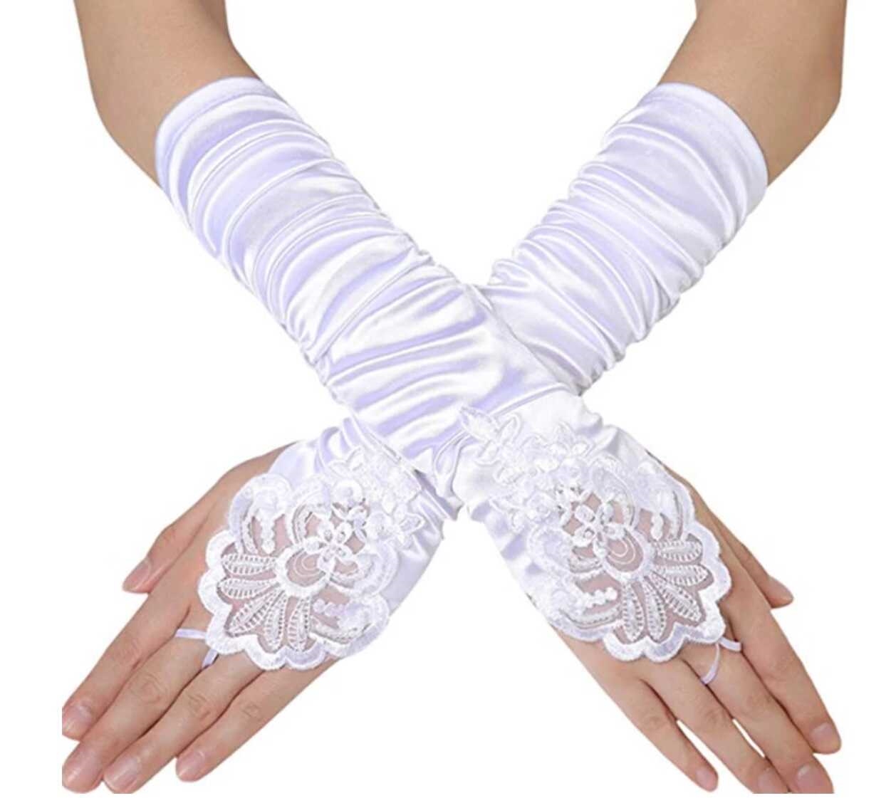 Hvide lange handsker med satin blonder og perler