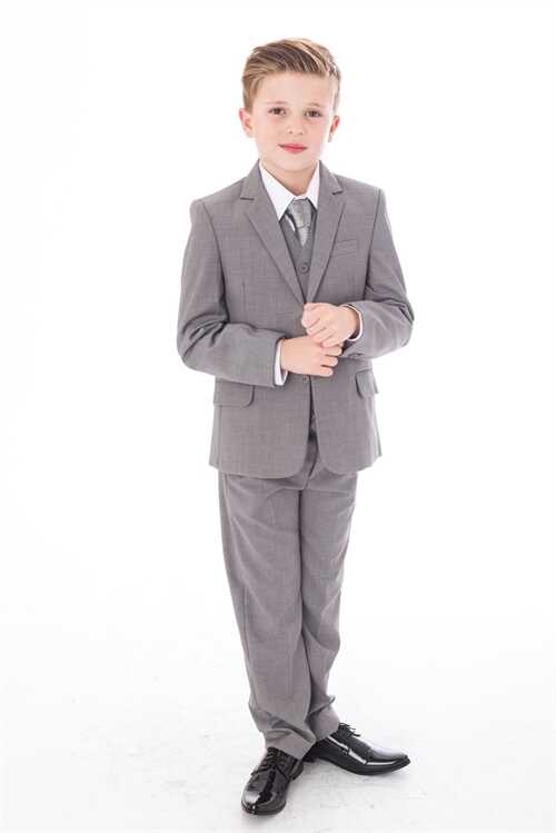 Kvittering meditation øve sig Flot børne jakkesæt i grå i 5 dele med gråt slips