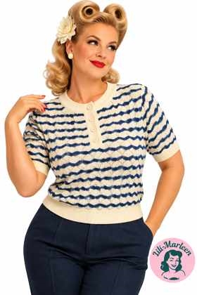 Miss Ivory Blue – Vintage strikbluse i creme og marineblå