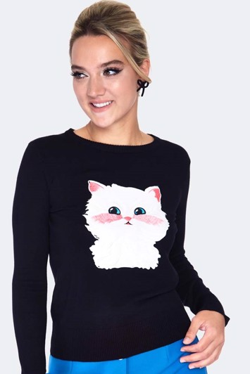 Strikbluse: Miss Kitty - sort strikket bluse med hvid kat