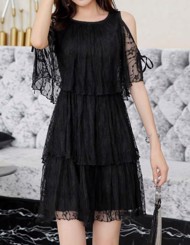 Kort festkjole - Lulu sort- smuk sort blonde kjoler i flere lag