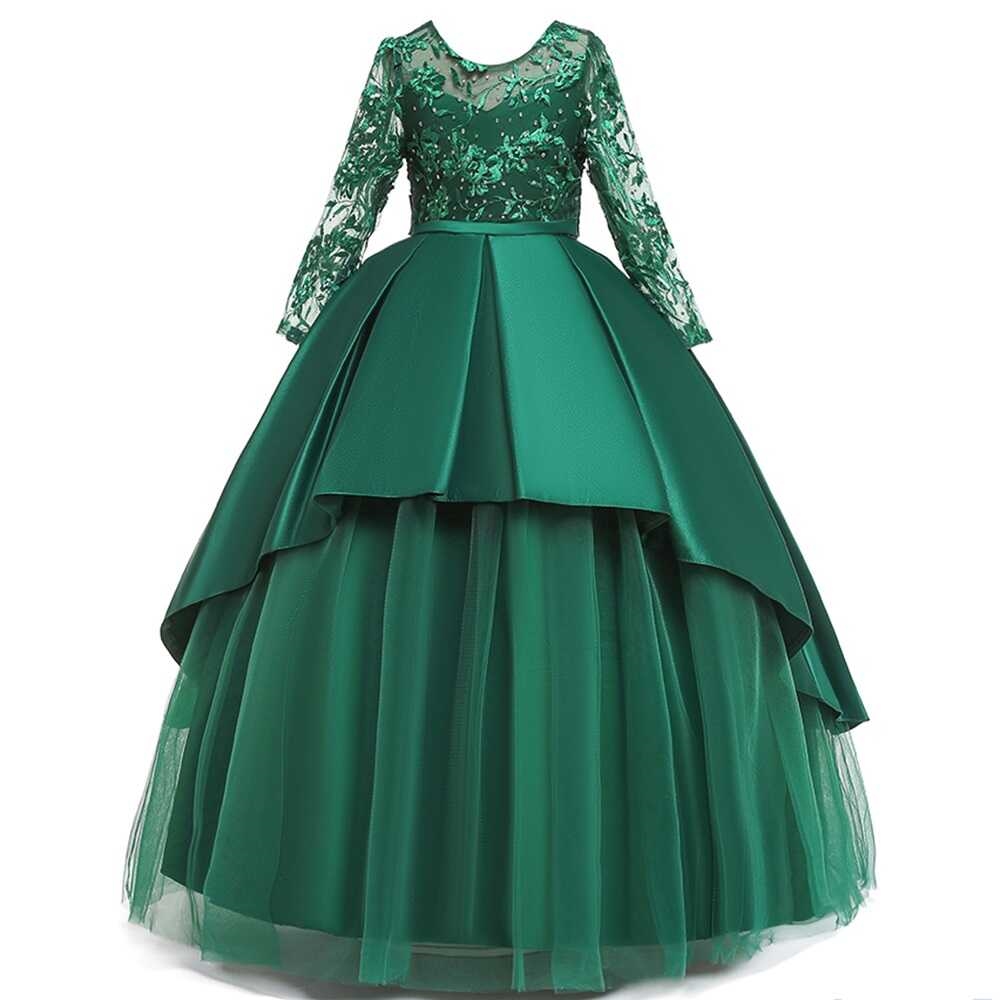 Minde om rulle holdall Børne festkjole: Little Merion, grøn: satin kjole med lange ærmer