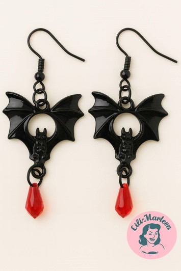Midnight Bat – Sorte flagermus øreringe med røde dråber