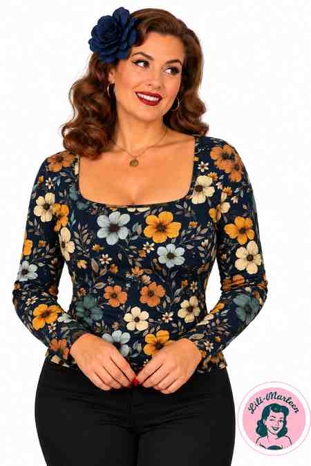 Miss Hazel – Mørkeblå blomstret vintagebluse med lange ærmer