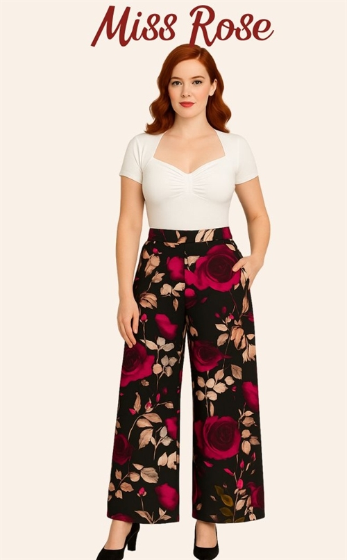 Vintage-inspirerede bukser Miss Rose -  med brede ben og blomsterprintt 