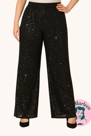  Højtaljet sorte bløde bukser med palietter - Miss Midnight Glam, PLUS