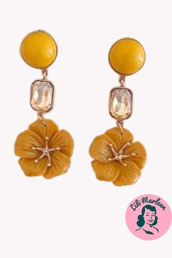 Øreringe - store hængeøreringe med blomster og sten, gul