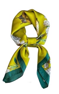 Vintage satin tørklæde – grøn med blomster og fugl 