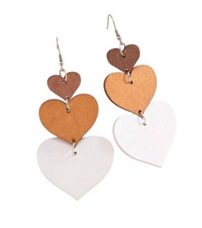 Øreringe – Træhjerter i Brun, Natur og Hvid 