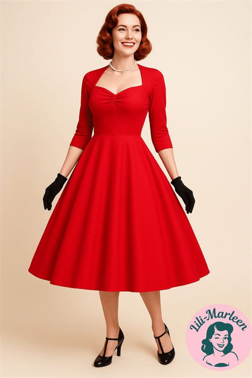 swingkjole: Puk, rød klassisk kjole med ærmer 