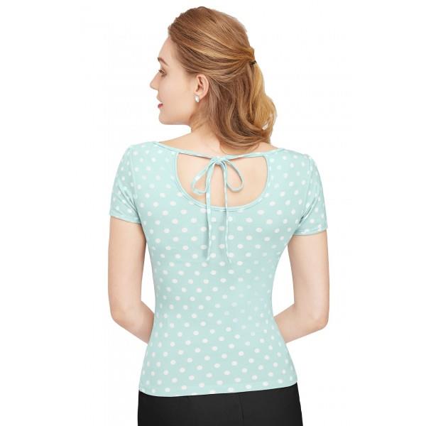 Bluse: lyseblå - sød bluse med polka prikker og sød lukning på ryggen