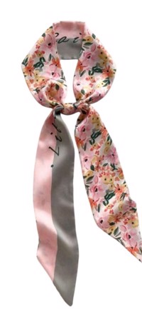 Pyntetørklæde – lyserødt med blomster og grå stribe