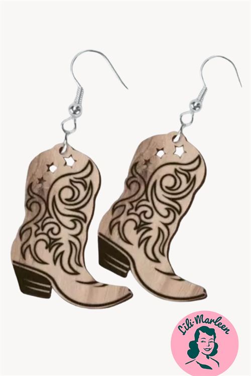 Wild West – cowboy boot øreringe med western-swirls og stjerner, sand