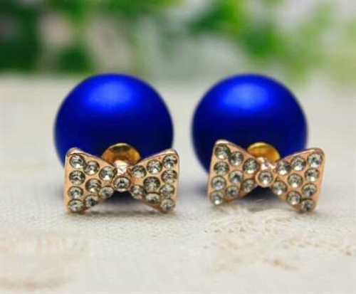 Øreringe - perle med sløjfe, blå