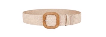 Bredt elastik bælte - strå/flet, lys sand med karamel firkantet spænde - i flere størrelser