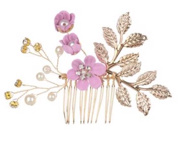 Hårkam: Smuk hårkam støvet pink/guld blomster med sten og perler, mellemstørrelse 