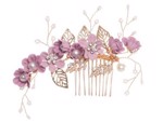 Hårkam: Smuk hårkam støvet pink/guld blomster med sten og perler