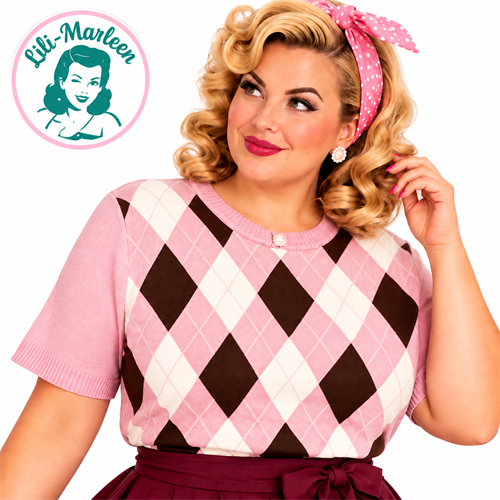 Miss Bonnie – Lyserød ternet vintage strikbluse | Plus Size