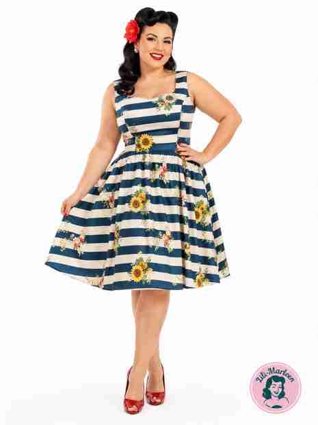Miss Seaside Sunflower – Vintage 50'er kjole med navy striber og solsikker