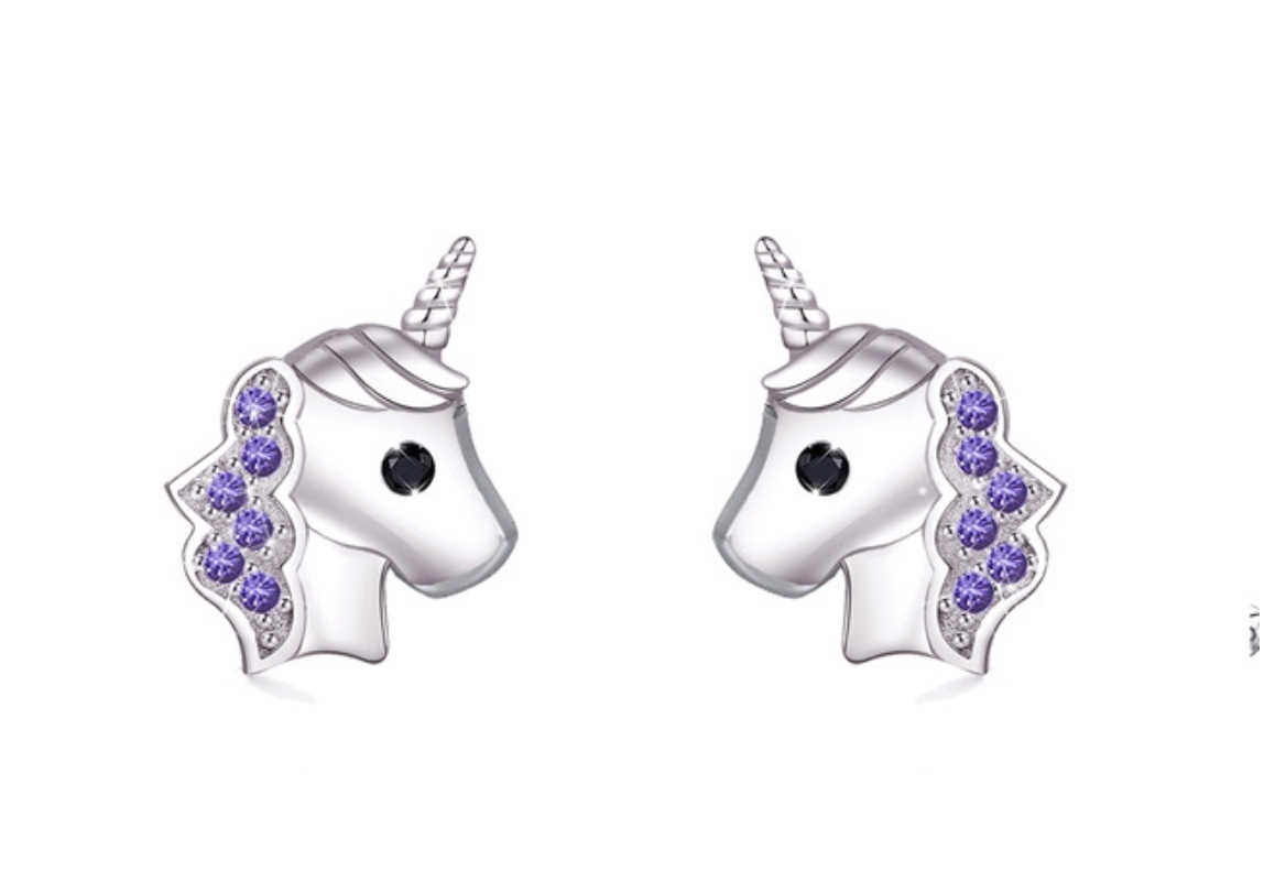 Børne øreringe 925 sølv, unicorn/enhjørning med små sten
