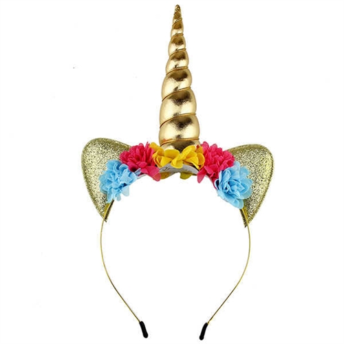 Enhjørning/unicorn hårbøjle, guld med blå, pink, gul blomster - deluxe