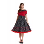 50´er kjole: Darleen red retro polka dot - sød swingkjole med et lille ærme og bådudskæring 