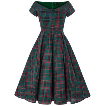 Miss Lily Green Tartan– Smuk grøn/rød ternet kjole 