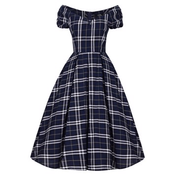 Lily Dark Blue Tartan – Smuk navyblå/hvid ternet kjole 