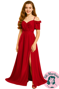 Festkjole; Miss Red diva, rød chiffon lang galla kjole med slids