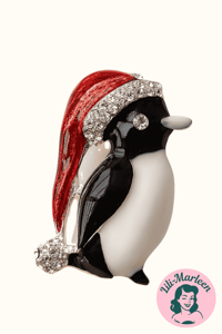 Broche - pingvin med nissehue, hvidt næb