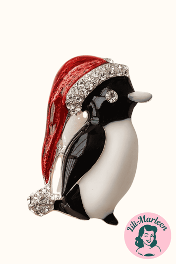 Broche - pingvin med nissehue, hvidt næb